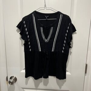 Lucky Brand Black Embroidered Flutter Sleeve Peasant Top‎ Size M